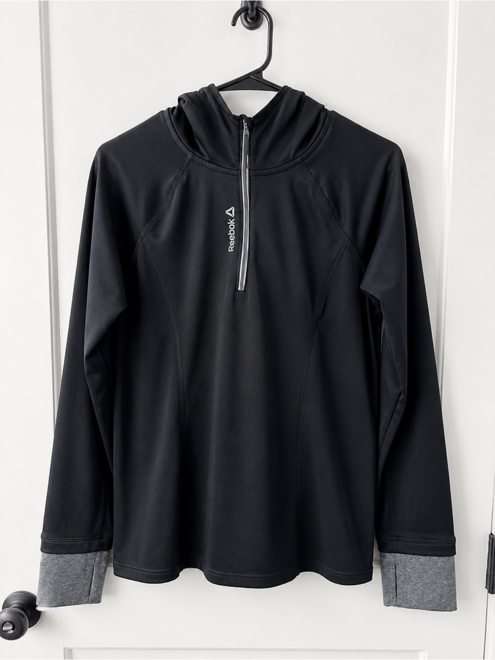 Reebok Black Hooded Half-Zip Pullover with Gray Cuffs GUC Size M
